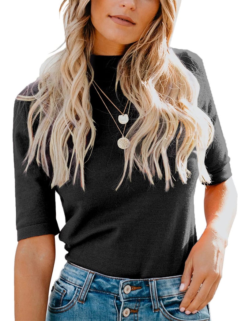 LIYOHON Womens Tops Dressy Casual Mock Turtleneck Business Short Sleeve T Shirts Going Out Tops 2025 Black-S - Image 1